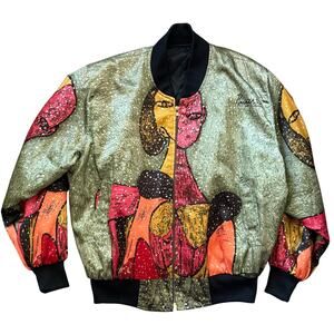 Vintage Picasso Silk Graphic Bomber Jacket 1990s Colorful Graphic womens L / XL